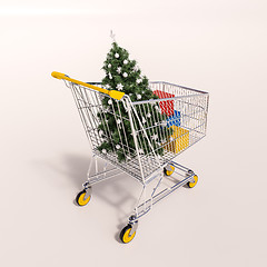 Image showing Shopping cart full of purchases in packages and Christamas tree