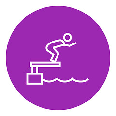 Image showing Swimmer jumping from starting block in pool line icon.