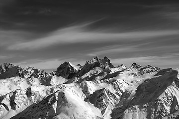 Image showing Black and white Caucasus Mountains in wind evening