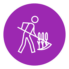 Image showing Man mowing grass with scythe line icon.