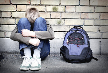 Image showing upset boy against a wall