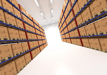 Image showing Warehouse shelves filled with boxes. 