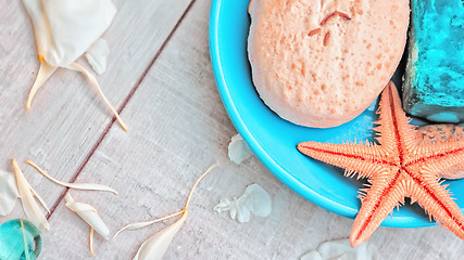 Image showing Spa background with starfish and a set of soap