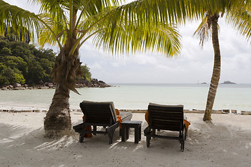 Image showing Deckchairs at tropical landscape view, Seychelles