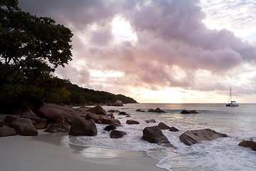 Image showing Sunset view of Anse Lazio, Praslin island, Seychelles