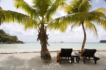 Image showing Deckchairs at tropical landscape view, Seychelles