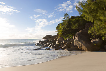 Image showing Beach of Anse Georgette, Seychelles in evening light