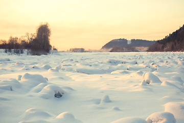 Image showing landscape. weather, snowdrifts in the foreground