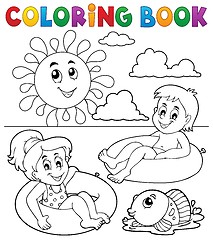 Image showing Coloring book children in swim rings 1