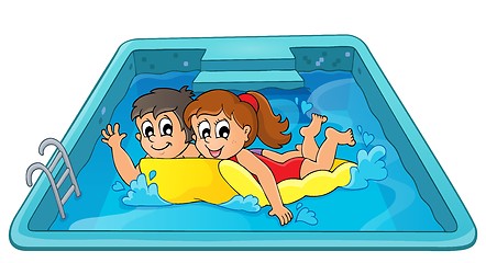 Image showing Children on floating mattress in pool