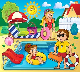 Image showing Children and life guard by pool