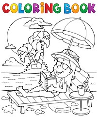 Image showing Coloring book girl on sunlounger theme 2