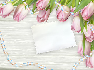 Image showing Tulip flowers on wood background. EPS 10