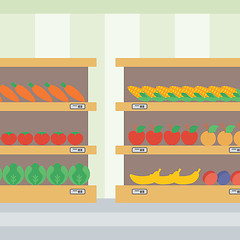 Image showing Background of vegetables and fruits on shelves.