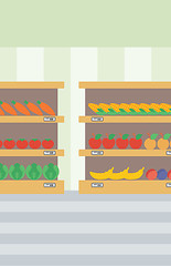 Image showing Background of vegetables and fruits on shelves.