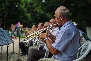 Image showing Men play musical instruments