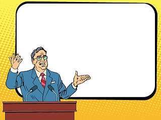 Image showing Boss business man speaking at podium, lecture or presentation