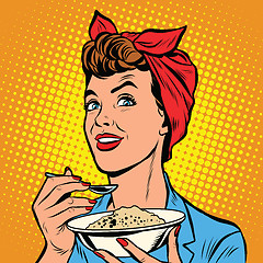 Image showing Woman with bowl of delicious cereal