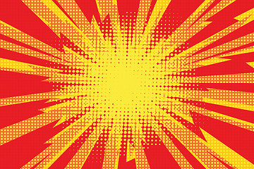 Image showing Red yellow pop art retro background cartoon lightning blast radi