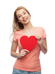 Image showing happy woman or teen girl with red heart shape