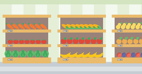 Image showing Background of vegetables and fruits on shelves.