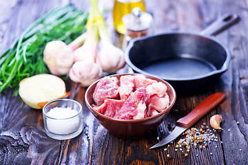 Image showing raw meat and pan on a table