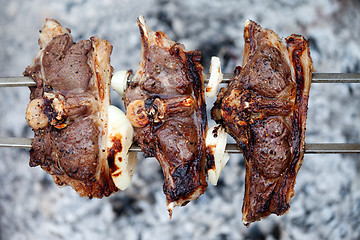 Image showing Shashlik of lamb cooking on bonfire