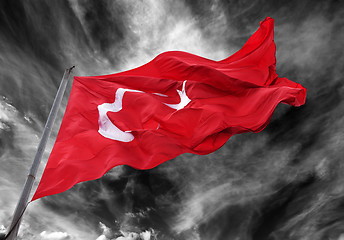 Image showing Waving flag of Turkey with flagpole
