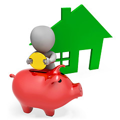 Image showing Character Mortgage Shows Piggy Bank And Apartment 3d Rendering