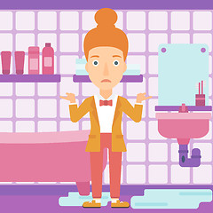 Image showing Woman in despair standing near leaking sink.