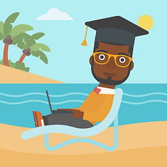 Image showing Graduate lying on chaise lounge with laptop.