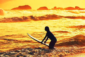 Image showing Silhouette of the surfer girl