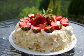 Image showing Gateau with Swedish strawberries, almond, cream and lemon herb