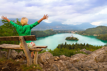 Image showing Woman enjoying panoramic view of Lake Bled, Slovenia.