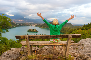 Image showing Woman enjoying panoramic view of Lake Bled, Slovenia.