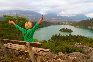 Image showing Woman enjoying panoramic view of Lake Bled, Slovenia.