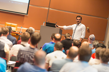 Image showing Business speaker giving a talk in conference hall.