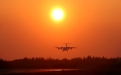 Image showing Airplane landing at sunset