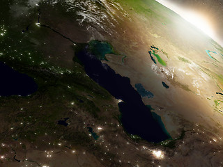 Image showing Sunrise over Caucasus region