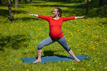 Image showing Pregnant woman doing asana Virabhadrasana outdoors