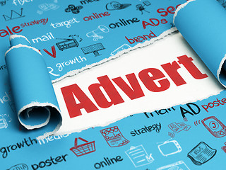 Image showing Advertising concept: red text Advert under the piece of  torn paper