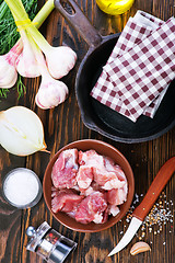 Image showing raw meat and pan on a table