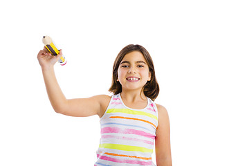 Image showing Girl writing on a glass wall