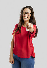 Image showing Happy woman pointing to the camera