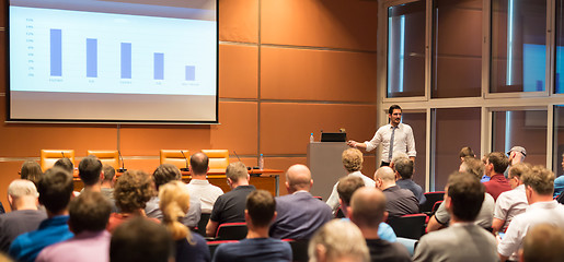 Image showing Business speaker giving a talk in conference hall.