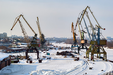 Image showing Winter view on river port. Tyumen. Russia