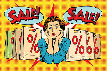 Image showing Pop art surprised woman sales discounts, the buyer