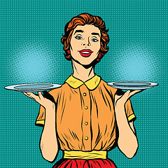 Image showing Woman waiter with two trays