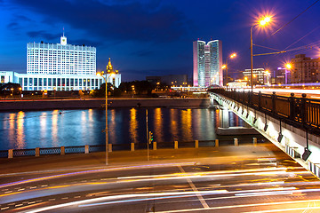 Image showing Moscow, Russia. Night cityscape with Kalinin bridge and Moscow r