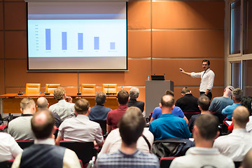 Image showing Business speaker giving a talk in conference hall.